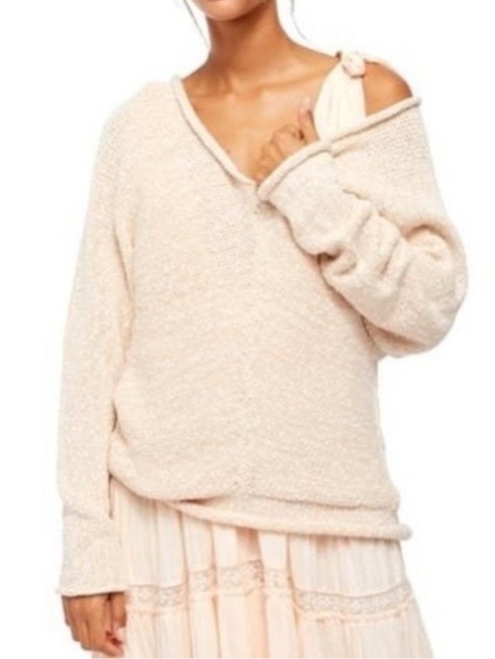 Free People Bright Lights V-Neck Slouchy Sweater Sz S Oatmeal Rolled Hem